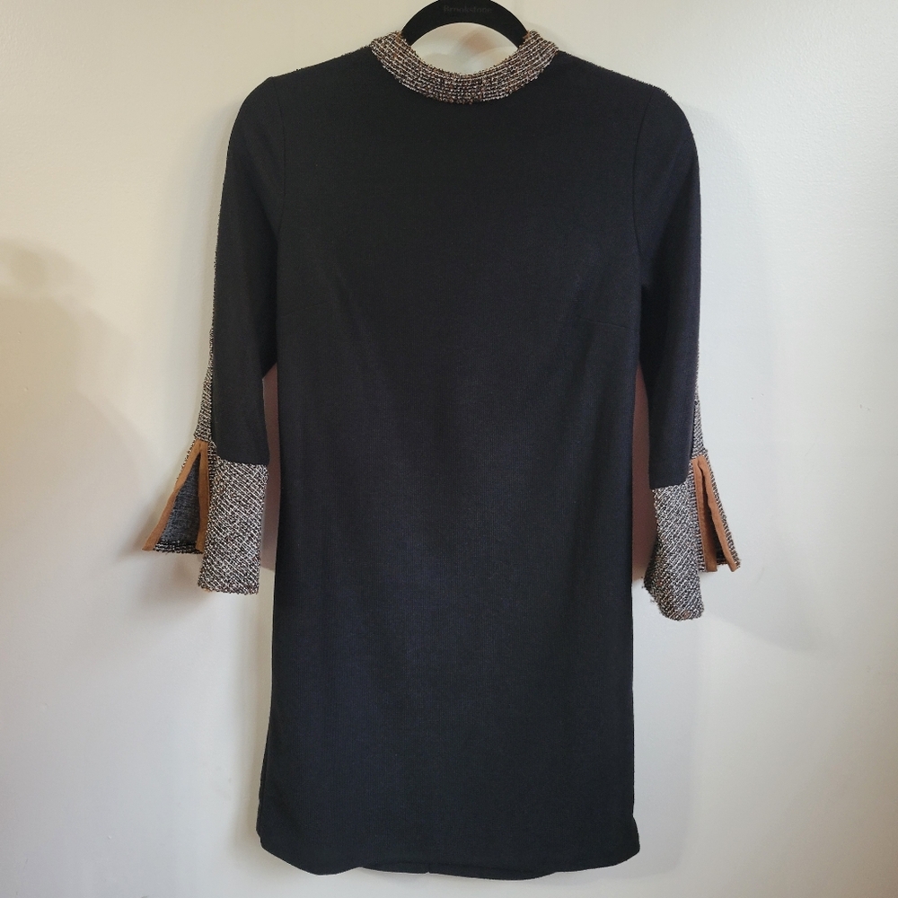 Anthropologie THML Black Shift Bell Sleeve Tweed Mock Neck Dress Size Small - Picture 2 of 7